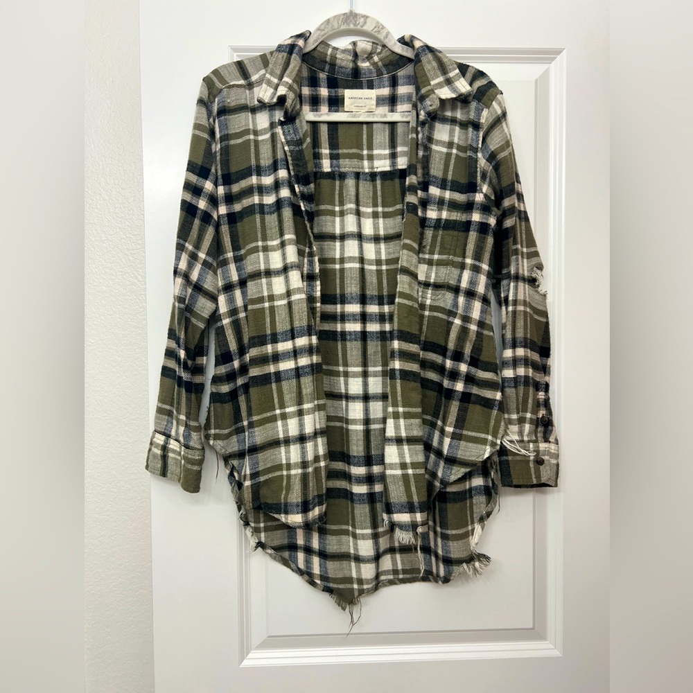 Size Small, distressed flannel, oversized fit